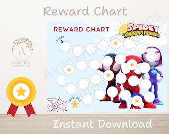 Könnte beinhalten: Eine Belohnungstafel mit dem Text "Reward Chart" und Figuren von "Spidey and His Amazing Friends". Die Tafel hat Kreise zum Verfolgen des Fortschritts, Sterne und Start-/Erfolgsindikatoren. Der Text "Instant Download" ist ebenfalls vorhanden.