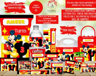 Mickey Mouse Party Labels- Mickey Birthday- Mickey Party Favors- Chip bag - Water-Juice -Candy - Gable- Mouse- Digital Download- PDF File