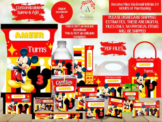Mickey Mouse Party Labels- Mickey Birthday- Mickey Party Favors- Chip bag - Water-Juice -Candy - Gable- Mouse- Digital Download- PDF File