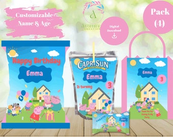 Peppa Pig Party Labels - 4 Pack- Pink- Kids Birthday- Peppa- Chip bag - Juice Pouch - Rice Treat- Favor Bag - Digital Download- PNG File