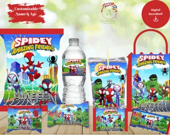 Spidey & His Amazing Friends Party Labels- Chip bag - Water-Juice -Chocolate - Candy Ring - Rice Treat-Favor Bag- Digital Download- PNG File