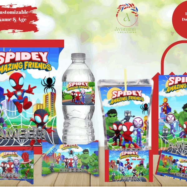 Spidey & His Amazing Friends Party Labels- Chip bag - Water-Juice -Chocolate - Candy Ring - Rice Treat-Favor Bag- Digital Download- PNG File