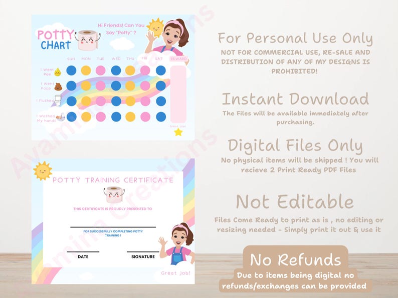 May include: Potty training chart and certificate set. The chart has a rainbow design for tracking progress. The certificate features a rainbow border and spaces for date and signature. Ideal for potty training.