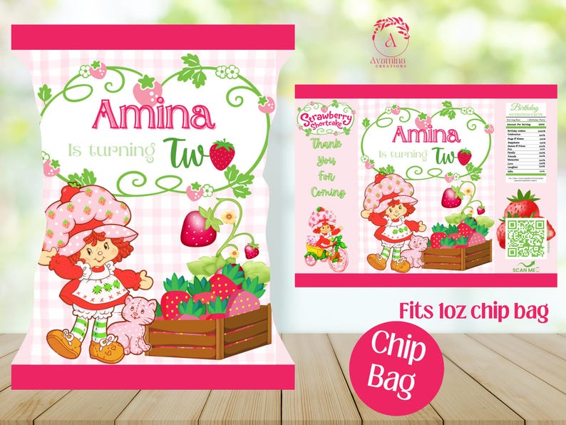 May include: Pink chip bag design with a Strawberry Shortcake theme. The bag features the name "Amina" and the phrase "is turning two." Illustrations include strawberries, a character, and the text "Thank you for coming."