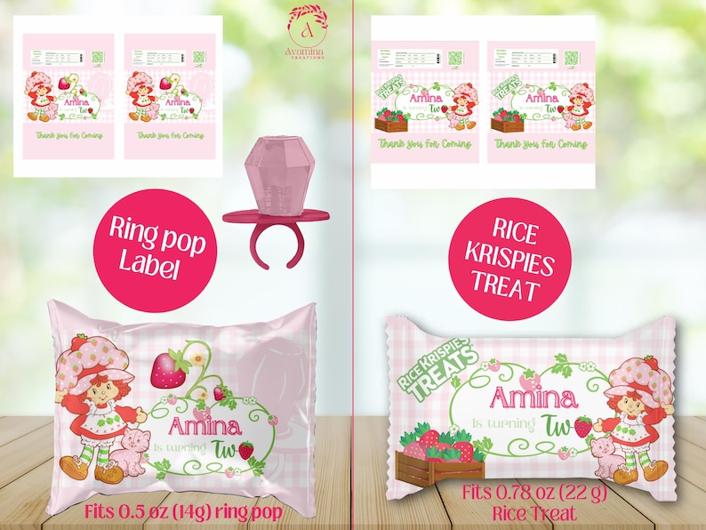 May include: Pink party favors featuring a strawberry-themed design. The image includes ring pop labels, ring pops, and Rice Krispies Treats. The text reads "Amina is turning Two" and "Thank you for coming."