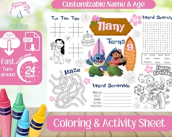 Hula- Coloring/Activity Page- Stitch - Lilo- Party Favor- Lilo and stitch Birthday-Stitch Activity Sheet - Digital Download- PDF File