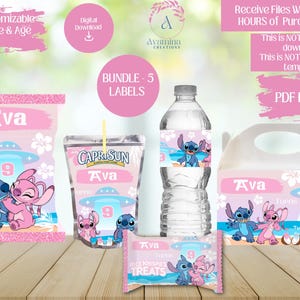 Alien- Stitch - Angel- Party Favor Labels - 5 Pack- Birthday- Stitch Chip bag - juice - Stitch party favors- Digital Download- PDF Files