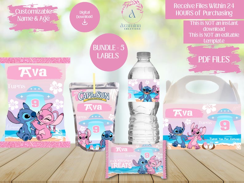 Alien- Stitch - Angel- Party Favor Labels - 5 Pack- Birthday- Stitch Chip bag - juice - Stitch party favors- Digital Download- PDF Files image 1