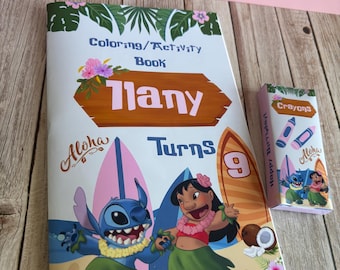 Hula - Stitch - Lilo Coloring Book- Crayons - Party Favors - Personalized Coloring books - Custom Coloring Books - Stitch Coloring book