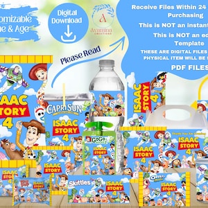 Puede incluir: Un conjunto de suministros digitales para fiestas con personajes de la pel&iacute;cula "Toy Story 4". El conjunto incluye etiquetas para botellas de agua, bolsas de Capri Sun, bolsas de aperitivos y una bolsa de mano, todo con una combinaci&oacute;n de colores azul y amarillo. Texto: "ISAAC STORY 4".