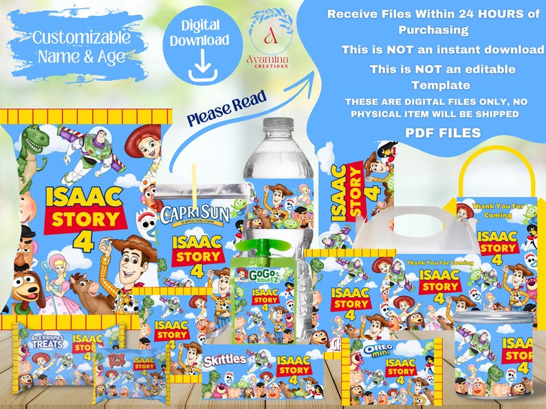 Puede incluir: Un conjunto de suministros digitales para fiestas con personajes de la pel&iacute;cula "Toy Story 4". El conjunto incluye etiquetas para botellas de agua, bolsas de Capri Sun, bolsas de aperitivos y una bolsa de mano, todo con una combinaci&oacute;n de colores azul y amarillo. Texto: "ISAAC STORY 4".