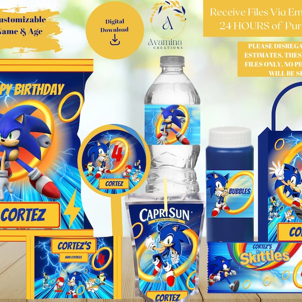 Sonic Party Labels - Sonic Birthday - Chip bag - Water bottle -  -Mini Cookies- Juice- Favor Bag- Skittles Label-bubbles- Digital Download