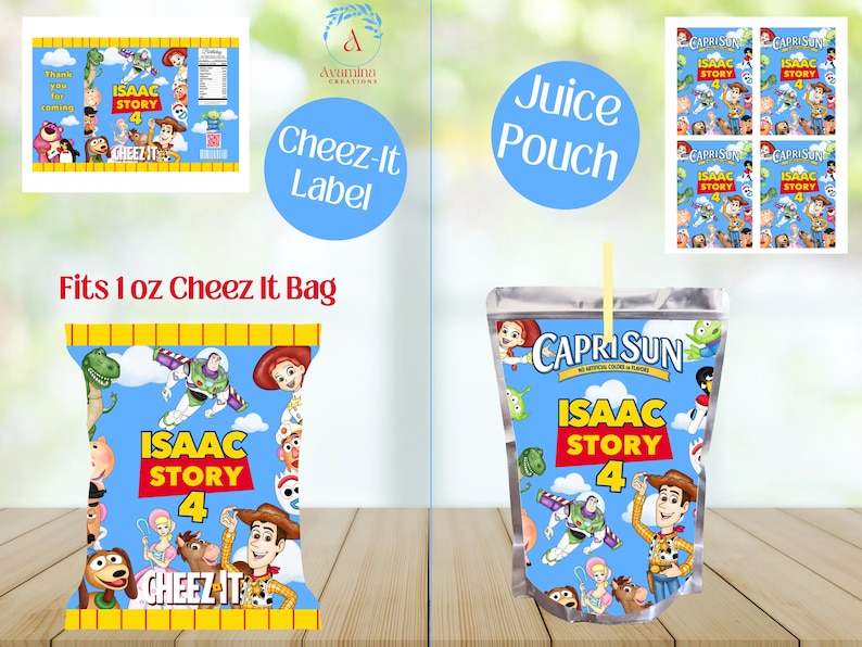 Puede incluir: Dise&ntilde;os personalizables de etiquetas y bolsas de zumo con personajes de la pel&iacute;cula "Toy Story 4". Los dise&ntilde;os incluyen el texto "ISAAC STORY 4" y "CHEEZ IT" sobre un fondo azul. La etiqueta Cheez-It se adapta a una bolsa de 28g.