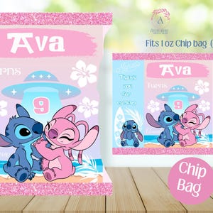 May include: A pink and blue chip bag wrapper featuring Stitch and Angel from Lilo & Stitch. The wrapper has a pink background with a white border and says "Ava Turns 9" in pink text. The wrapper is designed to fit a 1 oz chip bag.