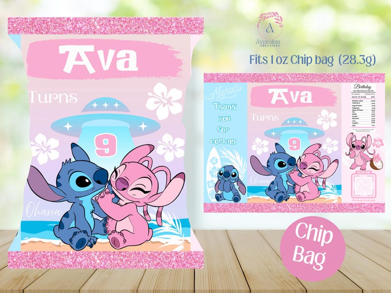 May include: A pink and blue chip bag wrapper featuring Stitch and Angel from Lilo & Stitch. The wrapper has a pink background with a white border and says "Ava Turns 9" in pink text. The wrapper is designed to fit a 1 oz chip bag.