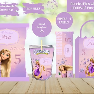 Princess - Party Labels - 4 Pack- Girl Birthday- Princess - Rapunzel Chip bag - Juice Pouch- Candy Bar - Favor Bag - Digital Download