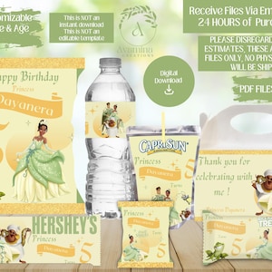 May include: A collection of party supplies featuring a princess theme. Includes water bottle labels, Capri Sun labels, Hershey's wrappers, treat bags, and a banner. The design features a princess in a green dress, a frog, and the number 5.