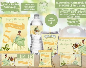 Puede incluir: Un conjunto de suministros para fiestas con temática de princesa. Incluye etiquetas para botellas de agua, etiquetas de Capri Sun, envoltorios de Hershey's, bolsas de golosinas y una pancarta. El diseño presenta una princesa con un vestido verde, una rana y el número 5.