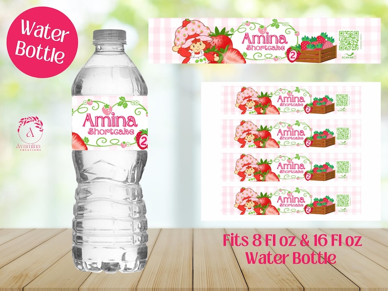 May include: A clear water bottle with a custom label featuring the text "Amina Shortcake" and a strawberry design. The label also includes the number "2". Additional labels are visible. The words "Water Bottle" are in a pink circle.