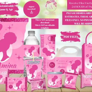Afro Doll - Party Labels - Fashion- Girl Birthday- Pink Doll Birthday-Doll party favors - Doll Chip bag- Digital Download