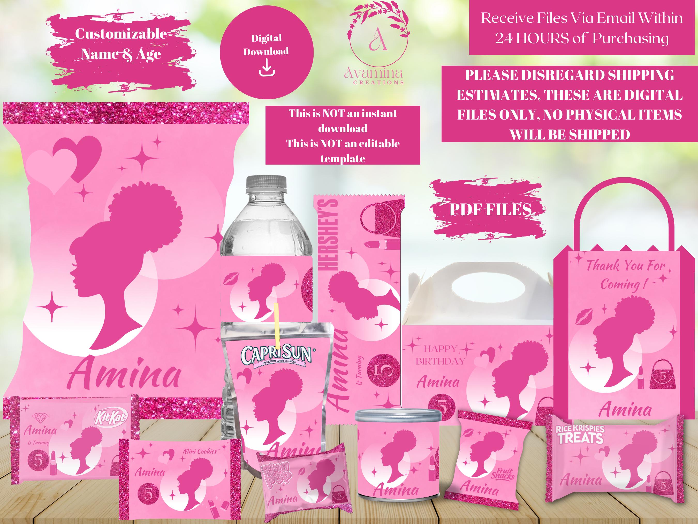Afro Doll - Party Labels - Fashion- Girl Birthday- Pink Doll Birthday-Doll party favors - Doll Chip bag- Digital Download