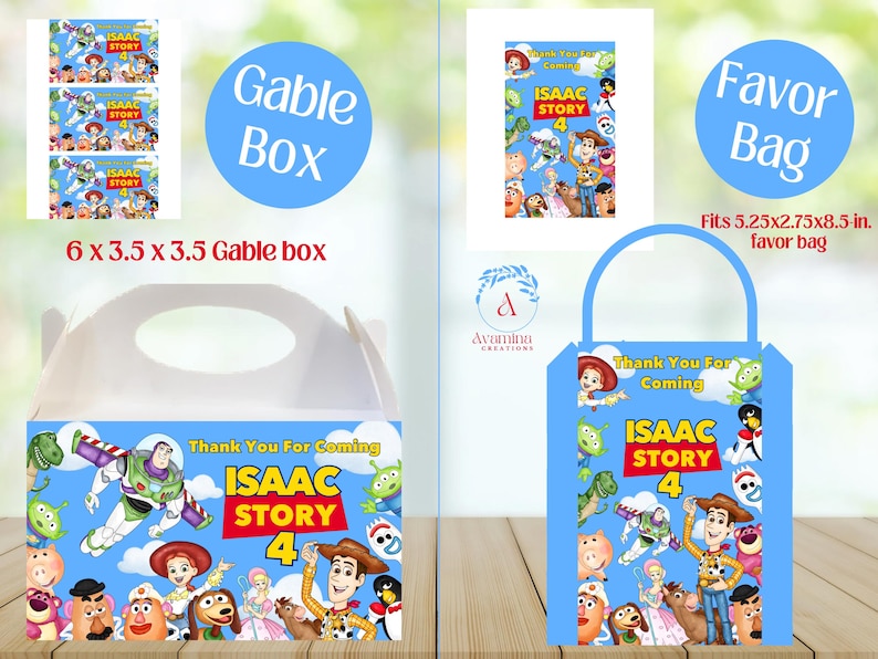 Puede incluir: Una caja de regalo y una bolsa de regalo azules con personajes de "Toy Story 4". La caja de regalo mide 15,2 x 8,9 x 8,9 cm, y la bolsa de regalo se adapta a art&iacute;culos de 13,3 x 7 x 21,6 cm. Ambos art&iacute;culos tienen el texto "Thank You For Coming" y "ISAAC STORY 4".