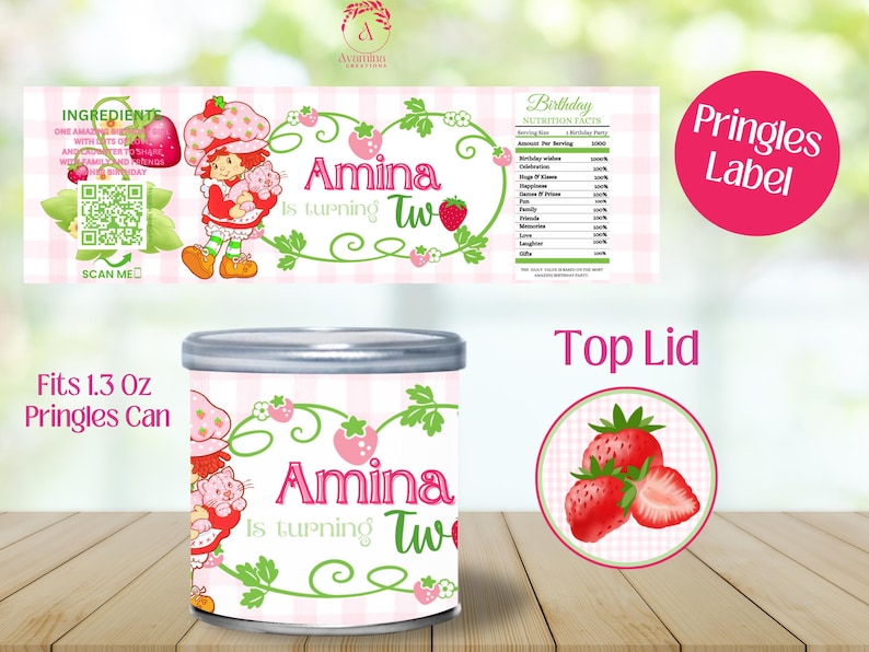 May include: A birthday-themed Pringles can label and lid featuring a strawberry theme. The can is decorated with a cartoon character and the text "Amina is turning Two". The label includes a QR code and nutrition facts.