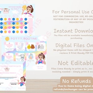 Puede incluir: Un conjunto de materiales imprimibles para el entrenamiento para ir al ba&ntilde;o, que incluyen gr&aacute;ficos, una gu&iacute;a de rutina y un certificado. Los dise&ntilde;os presentan ilustraciones de dibujos animados de un sol sonriente, un inodoro y una ni&ntilde;a. Los colores son pastel.