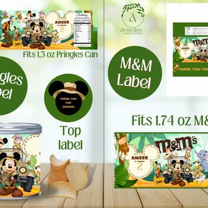 May include: Printable labels for party favors featuring a jungle theme with a cartoon Mickey Mouse character. The labels are designed to fit 1.3 ounce Pringles cans and 1.74 ounce M&M's bags. The labels include the text "AMEER 2" and "Thank You for Coming!"