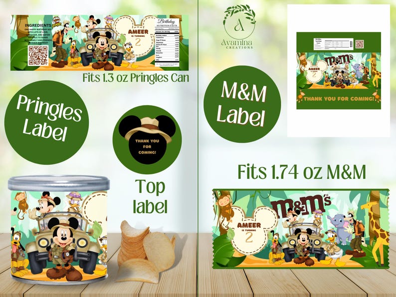 May include: Printable labels for party favors featuring a jungle theme with a cartoon Mickey Mouse character. The labels are designed to fit 1.3 ounce Pringles cans and 1.74 ounce M&M's bags. The labels include the text "AMEER 2" and "Thank You for Coming!"