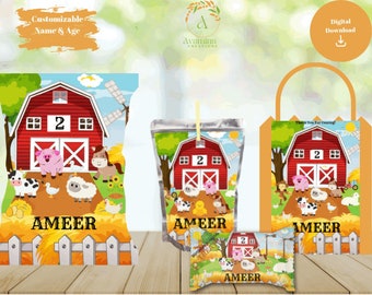 Animal Farm Party Labels - Farm Birthday -Chip bag - Juice Pouch - Rice Treat- Favor Bag - Digital Download- PNG File