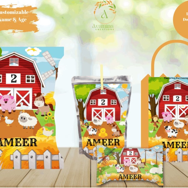 Animal Farm Party Labels - Farm Birthday -Chip bag - Juice Pouch - Rice Treat- Favor Bag - Digital Download- PNG File