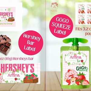 May include: Image features Hershey's bar labels and GoGo Squeeze labels with a strawberry theme. The Hershey's bar is 1.55 oz (16g). The GoGo Squeeze pouch fits 3.2 oz (90 g). The labels include the text "Amina" and "Thank you for coming!"
