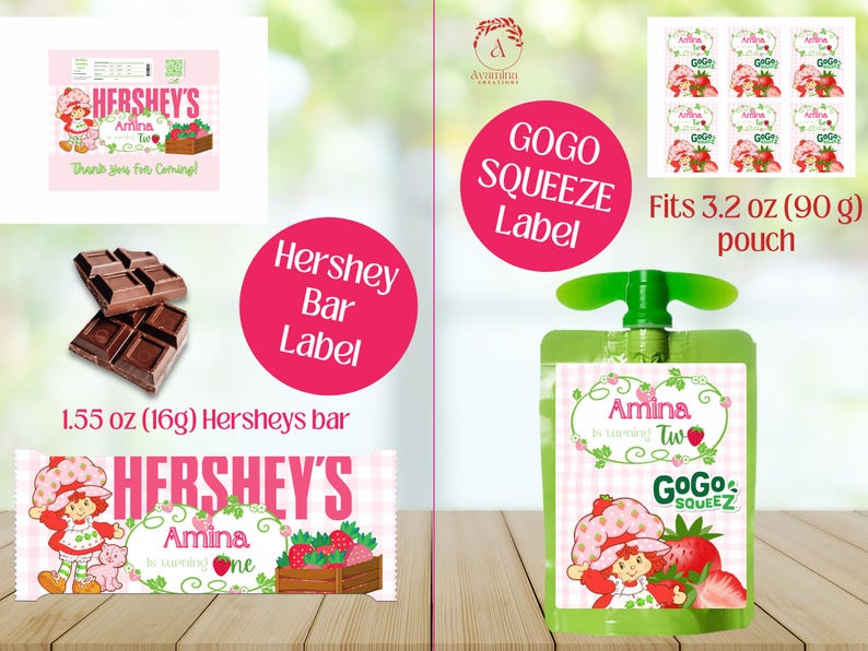 May include: Image features Hershey's bar labels and GoGo Squeeze labels with a strawberry theme. The Hershey's bar is 1.55 oz (16g). The GoGo Squeeze pouch fits 3.2 oz (90 g). The labels include the text "Amina" and "Thank you for coming!"