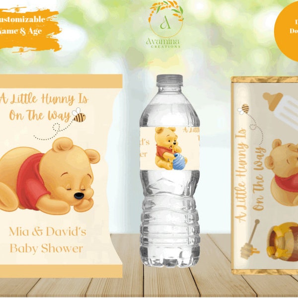 Winnie The Pooh Baby Shower Labels - Chip bag - Water Bottle - Candy Bar - Unisex- Baby- Pooh Bear- Baby Shower- Digital Download- Fichier PNG