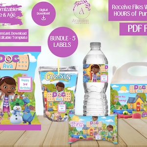 Doctor Party Labels - 5 Pack - Doc Party Favors- Doc Birthday- Stuffins Chip bag- Juice- Rice Treat-Gable Box- Water-Digital Download
