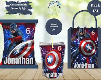 Superhero- Captain America - Party Printables- 3 Pack- Kids Birthday- Chip bag - Juice Pouch - Favor Bag - Digital Download