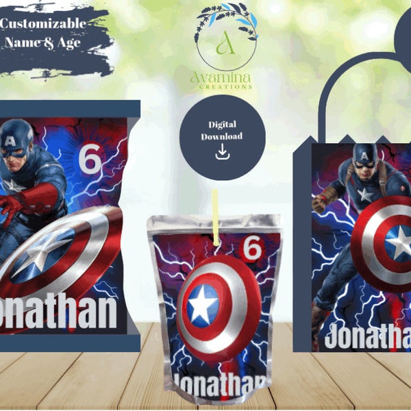 Superhero- Captain America - Party Printables- 3 Pack- Kids Birthday- Chip bag - Juice Pouch - Favor Bag - Digital Download- PNG File