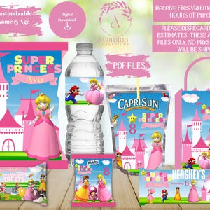 Super Princess Party Pack Labels -Peach- Chips - Water bottle - Candy bar - Rice Krispies -Fruit Snacks- Juice- Favor bag- DIGITAL DOWNLOAD