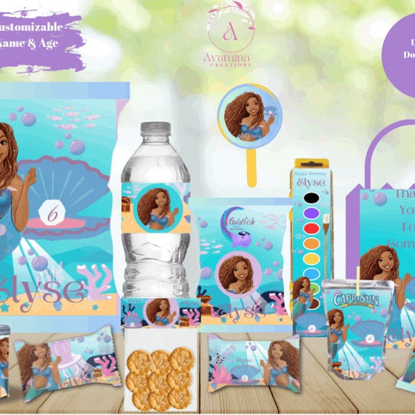 Mermaid-Party Labels- Chip bag- Water bottle- Juice -snack cracker-Candy Ring- lollipop-topper- Favor bag- Paint set- DIGITAL DOWNLOAD