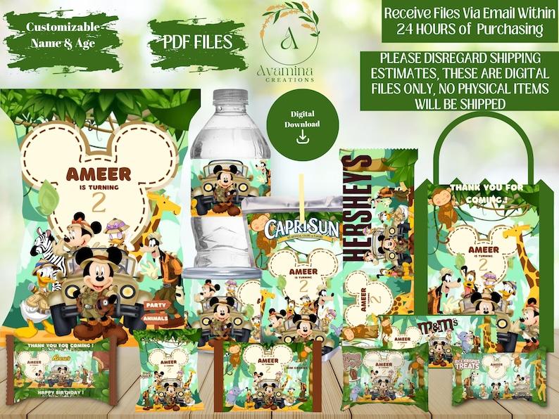 May include: Printable party supplies featuring Mickey Mouse and his friends in a jungle theme. The set includes a favor bag, water bottle label, treat bag, candy bar wrapper, juice box wrapper, and a thank you for coming sign. The design features green leaves, a jeep, and the text "Ameer is turning 2".