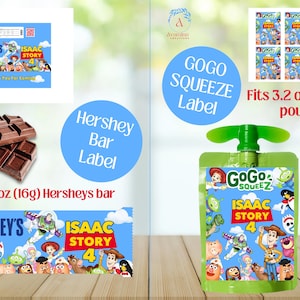 Puede incluir: Barra de chocolate Hershey's y bolsa GoGo Squeeze con tem&aacute;tica de Toy Story 4. La barra Hershey's es de 16g. La bolsa GoGo Squeeze contiene 90 g. Las etiquetas y la bolsa presentan personajes de dibujos animados.