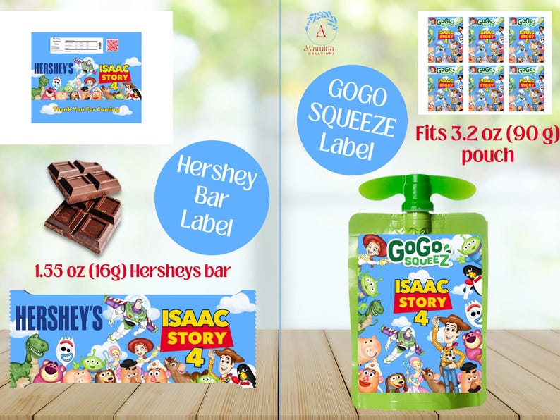 Puede incluir: Barra de chocolate Hershey's y bolsa GoGo Squeeze con tem&aacute;tica de Toy Story 4. La barra Hershey's es de 16g. La bolsa GoGo Squeeze contiene 90 g. Las etiquetas y la bolsa presentan personajes de dibujos animados.