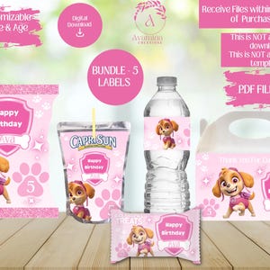 Etichette per bomboniere a forma di cucciolo rosa - Confezione da 5 - Compleanno - Rosa - Patatine - Acqua - Sacchetto di succo - Dolcetto di riso - Scatola a capanna - Download digitale - File PDF