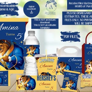 Beauty Party Pack Labels - Beast Chip bag - Water bottle - Chocolate-Rice Treat- Princess Party Favor - Birthday- DIGITAL DOWNLOAD