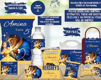 Beauty Party Pack Labels - Beast Chip bag - Water bottle - Chocolate-Rice Treat- Princess Party Favor - Birthday- DIGITAL DOWNLOAD