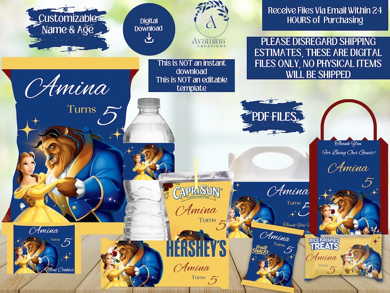 Beauty Party Pack Labels - Beast Chip Bag - Water Bottle - Chocolate ...