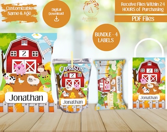 Etiquetas para fiesta temática de la granja - Cumpleaños en la granja - Recuerdos para fiesta en la granja - Bolsa de papas fritas - Bolsa de jugo - Bolsa de arroz - Bolsa de obsequios - Descarga digital