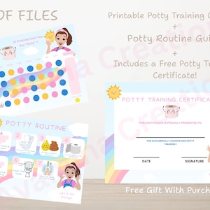 Puede incluir: Conjunto de materiales imprimibles para el entrenamiento para ir al ba&ntilde;o, que incluyen una tabla, una gu&iacute;a y un certificado. El dise&ntilde;o incorpora un tema de arco&iacute;ris con ilustraciones. El texto incluye "PDF FILES" y "Free Gift With Purchase."