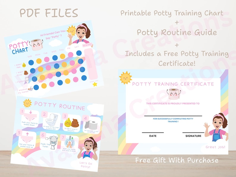 Puede incluir: Conjunto de materiales imprimibles para el entrenamiento para ir al ba&ntilde;o, que incluyen una tabla, una gu&iacute;a y un certificado. El dise&ntilde;o incorpora un tema de arco&iacute;ris con ilustraciones. El texto incluye "PDF FILES" y "Free Gift With Purchase."